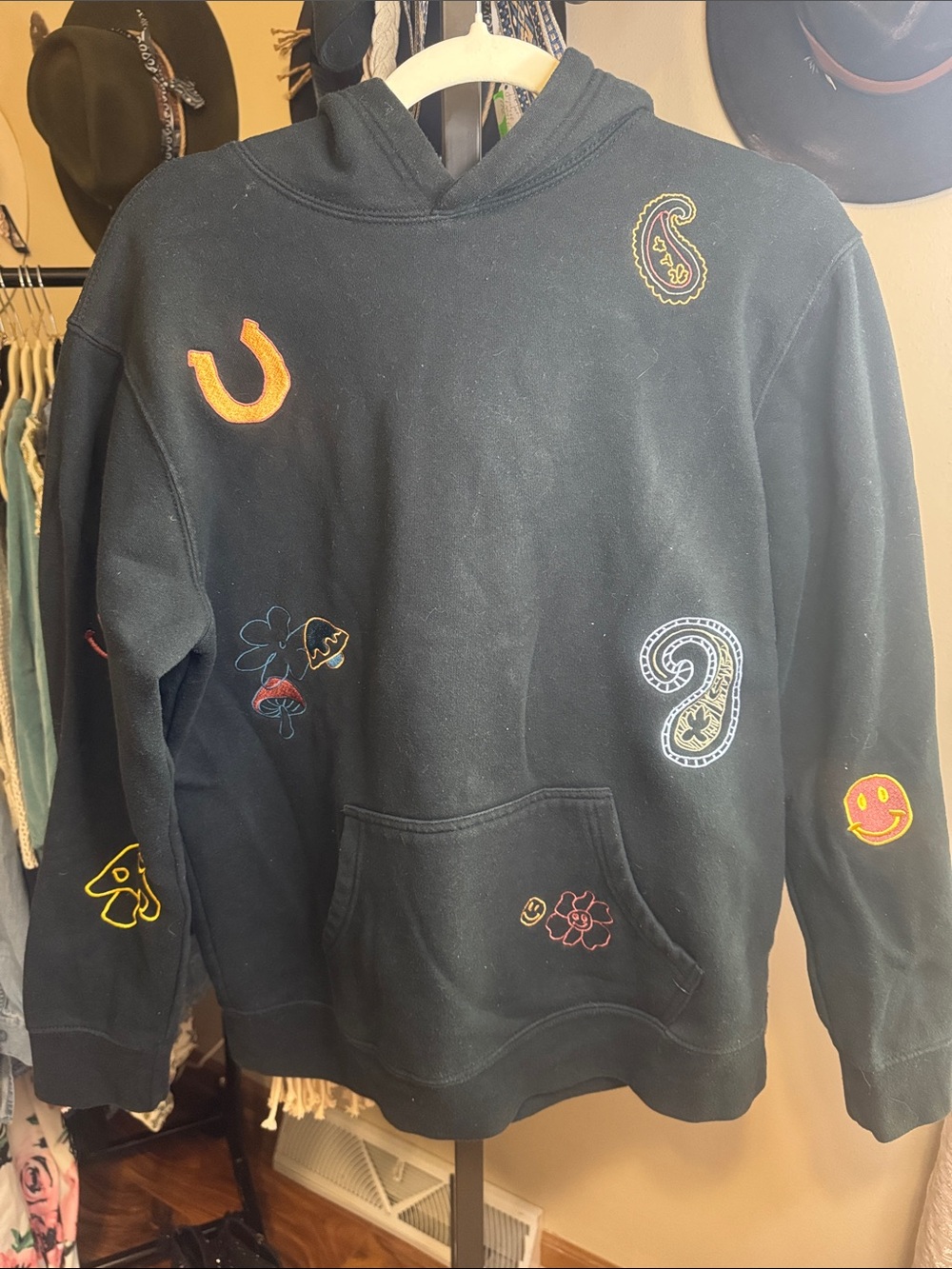 PacSun Black Hoodie with Colorful Embroidered Patches